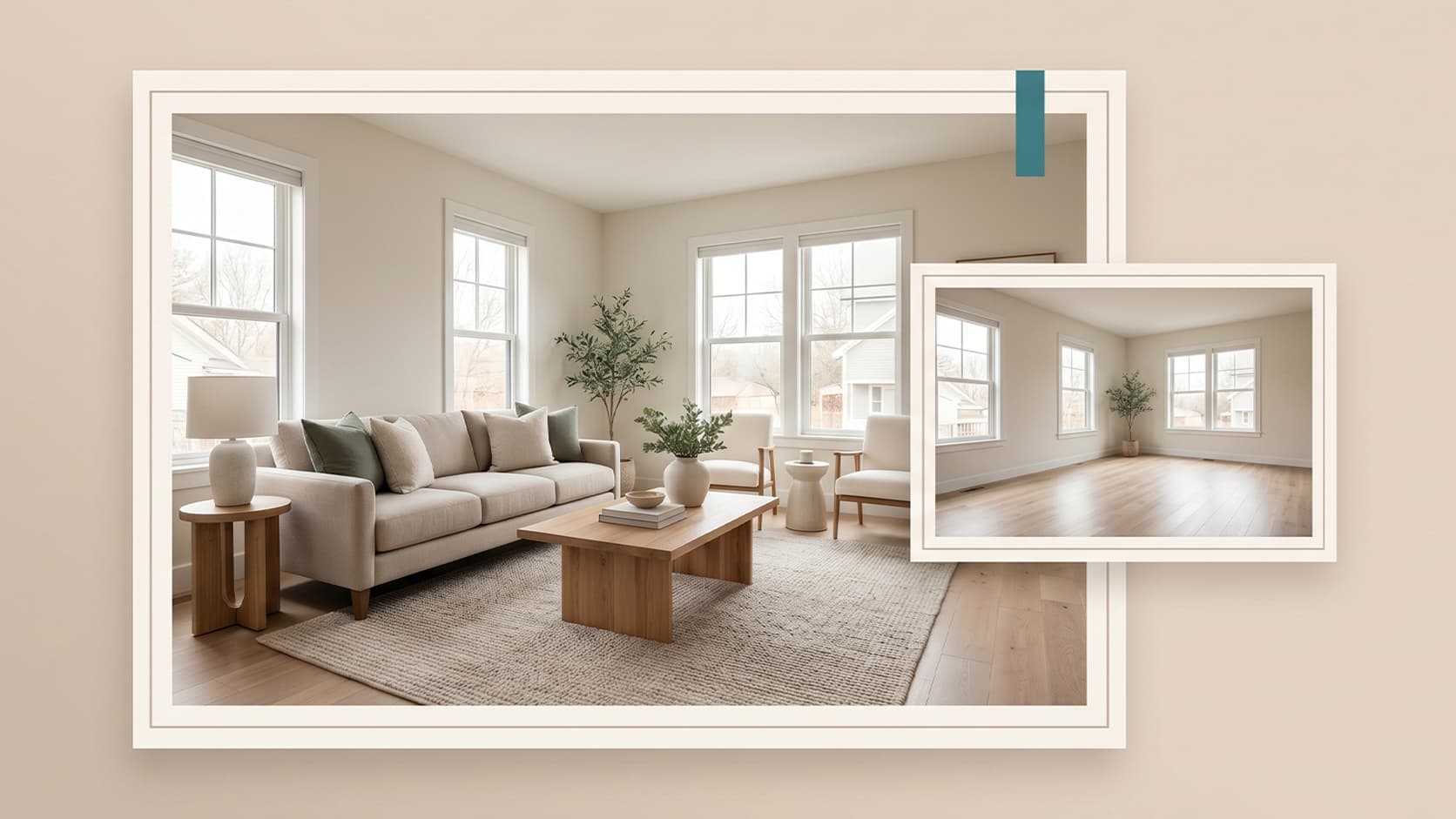 Listing-ready staged room presentation with a smaller original preview for agents and small developers.